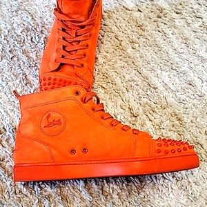 AUTHENTIC Christian Louboutin Orange Suede Lou Spikes High Top Sneakers, 42.5